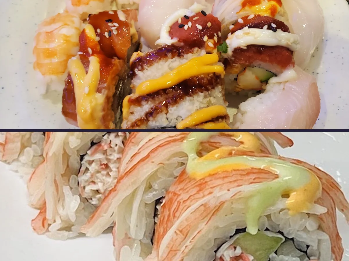 Buffet trays with sushi and seafood.