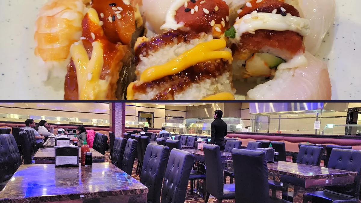 Rows of hot dishes and salad bar.