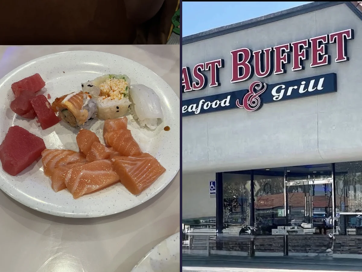 Buffet trays with sushi and seafood.