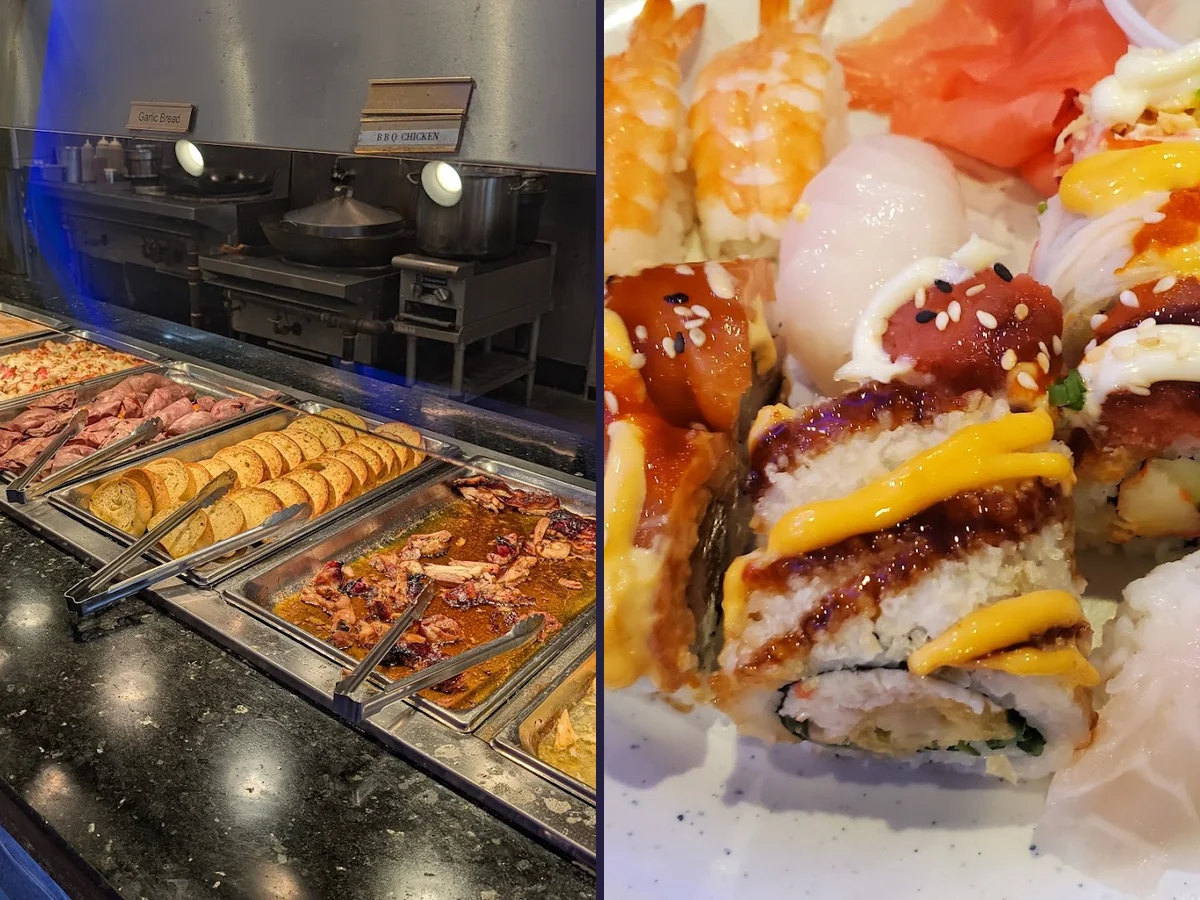 Rows of hot dishes and salad bar.