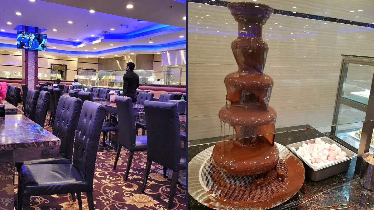 Dessert station with a chocolate fountain.