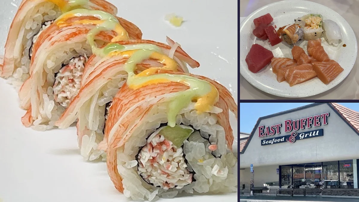 Buffet trays with sushi and seafood.
